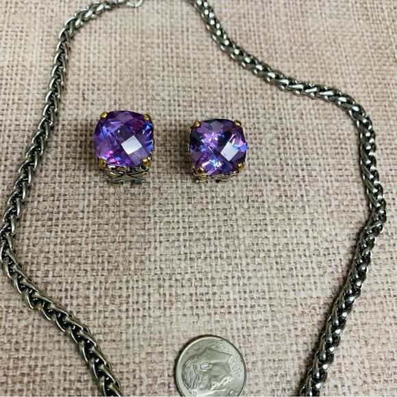 Silver Purple Crystal Necklace Earrings Set - Picture 1 of 4